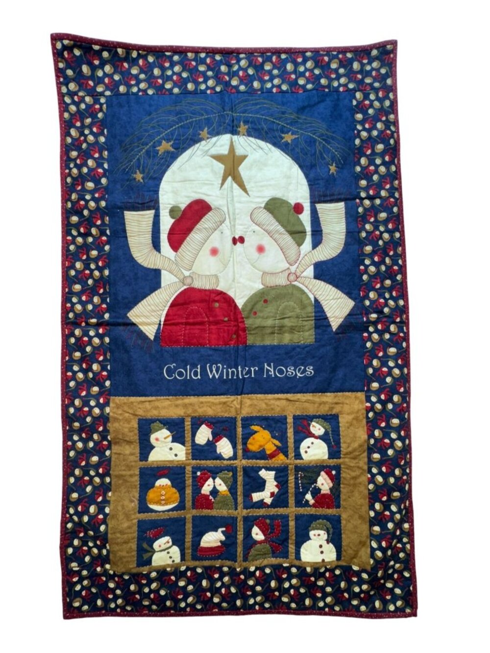 Vintage Christmas "Cold Winter Noses" Snowman Wall Hanging Fabric Panel Holiday